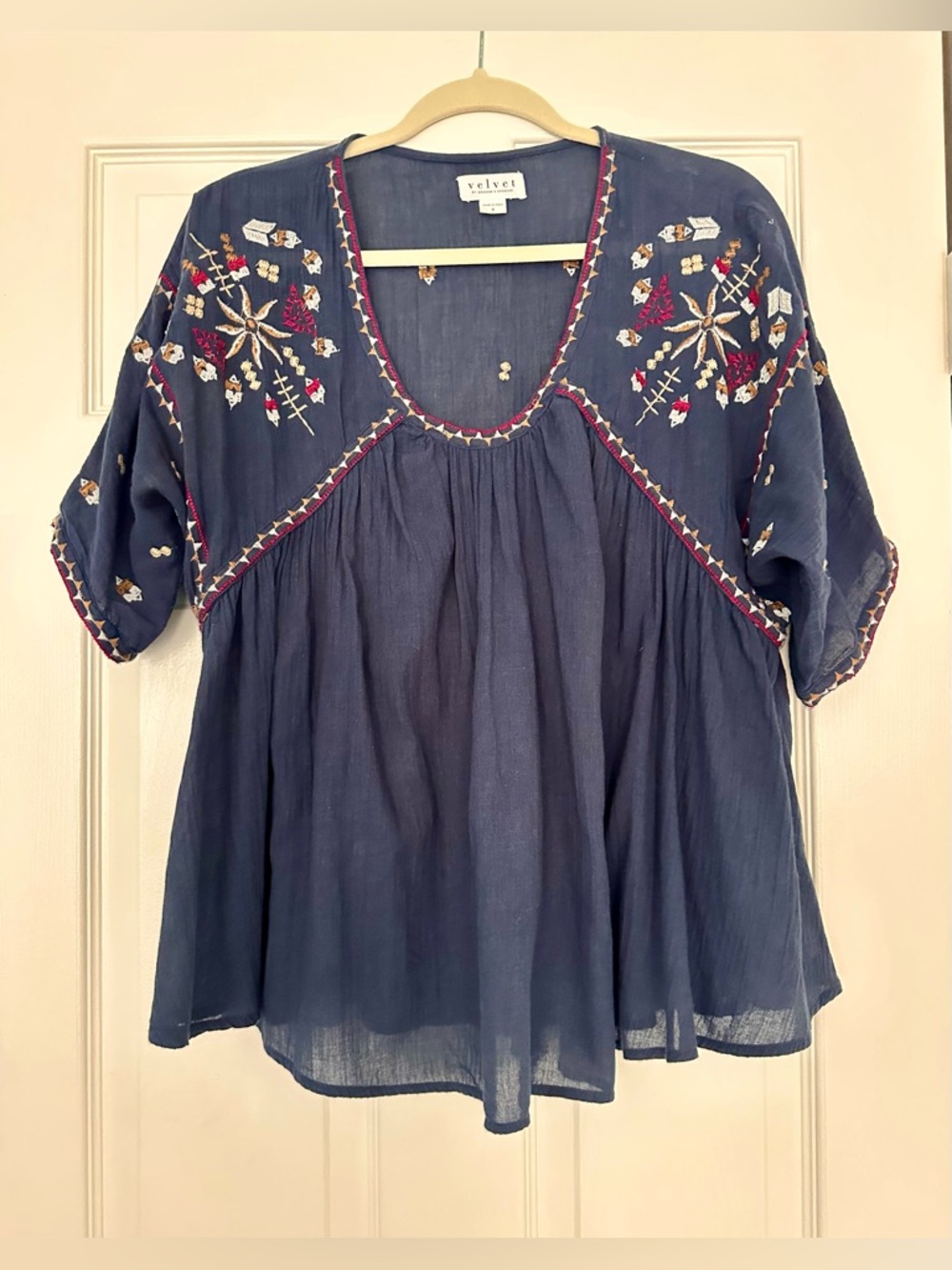 Velvet by Graham & Spencer Navy Blue Embroidered Top, 100% Cotton, Size S